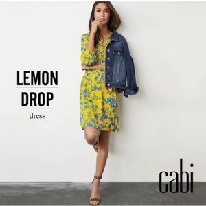 CAbi 5794 Lemon Drop Dress Yellow Floral Split Neck Long Sleeve Belted Sz Large